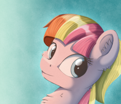 Size: 1350x1156 | Tagged: safe, artist:anonbelle, toola roola, earth pony, pony, fame and misfortune, g4, bust, female, head, portrait, smiling, solo
