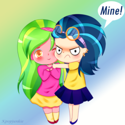 Size: 1200x1200 | Tagged: safe, artist:electricshine, indigo zap, lemon zest, equestria girls, g4, my little pony equestria girls: friendship games, blushing, chibi, clothes, cute, dialogue, eyeshadow, female, goggles, gradient background, headband, lesbian, long hair, looking at you, makeup, mine!, one eye closed, possessive, protecting, ship:lemonzap, shipping, shoes, skirt, smiling, socks, speech bubble
