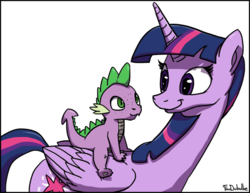 Size: 650x501 | Tagged: safe, artist:foudubulbe, spike, twilight sparkle, alicorn, dragon, pony, g4, dragons riding ponies, duo, female, freckles, looking at each other, mare, riding, simple background, smiling, spike riding twilight, twilight sparkle (alicorn), white background