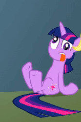 Size: 235x354 | Tagged: safe, screencap, applejack, twilight sparkle, earth pony, pony, unicorn, feeling pinkie keen, g4, animated, butt, cropped, crossed legs, cute, derp, dizzy, faic, female, funny, gif, grin, head shake, mare, plot, smiling, squee, tongue out, twiabetes, unicorn twilight