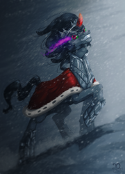 Size: 1024x1420 | Tagged: safe, artist:xaneas, king sombra, pony, unicorn, g4, evil grin, grin, looking at you, male, raised hoof, smiling, snow, snowfall, solo, stallion