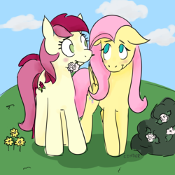 Size: 2000x2000 | Tagged: safe, artist:rivalcat, fluttershy, roseluck, earth pony, pegasus, pony, g4, blushing, colored sketch, female, flower, flower in mouth, folded wings, high res, looking at each other, mare, mouth hold, no pupils, roseshy, standing