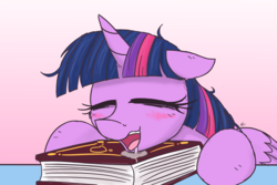 Size: 2400x1600 | Tagged: safe, artist:j24262756, twilight sparkle, alicorn, pony, g4, atg 2017, book, drool, female, mare, newbie artist training grounds, sleeping, smiling, solo, that pony sure does love books, twilight sparkle (alicorn)