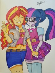 Size: 959x1280 | Tagged: dead source, safe, artist:missmayaleanne, sci-twi, sunset shimmer, twilight sparkle, equestria girls, g4, bandaid, belly button, breasts, clothes, cutie mark on clothes, eyes closed, female, glasses, holding hands, lesbian, looking at you, mary janes, microskirt, miniskirt, peace sign, ponytail, sci-twi outfits, ship:sci-twishimmer, ship:sunsetsparkle, shipping, shoes, simple background, skirt, smiling, socks, thigh highs, thigh socks, traditional art