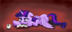 Size: 2801x1248 | Tagged: safe, artist:friendshipishorses, twilight sparkle, alicorn, pony, g4, atg 2017, bags under eyes, book, coffee, coffee cup, cup, female, frown, mare, newbie artist training grounds, prone, solo, spread wings, tired, twilight sparkle (alicorn), wings