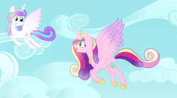 Size: 6252x3452 | Tagged: safe, artist:velveagicsentryyt, princess cadance, princess flurry heart, alicorn, pony, g4, absurd resolution, female, flying, mother and daughter, older, older flurry heart