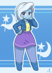 Size: 1000x1400 | Tagged: safe, artist:acesrockz, trixie, equestria girls, g4, boots, clothes, cute, cutie mark background, female, jacket, looking at you, moe, pantyhose, shoes, skirt, smiling, solo