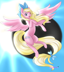Size: 3520x3968 | Tagged: safe, artist:bunnywhiskerz, oc, oc only, oc:bay breeze, pegasus, pony, bow, eclipse, female, flying, gift art, hair bow, high res, mare, moon, one eye closed, open mouth, sky, smiling, solar eclipse, solo, sun, wink