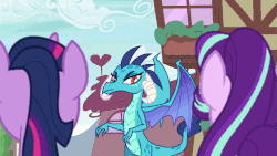 Size: 806x454 | Tagged: safe, edit, screencap, princess ember, starlight glimmer, twilight sparkle, alicorn, dragon, pony, unicorn, g4, triple threat, animated, argument, awkward, brutal honesty, caption, dialogue, disbelief, female, gif, insulted, irritated, looking at each other, mare, mistaken identity, offended, pointing, ponyville, raised eyebrow, shrug, text, truth, twilight sparkle (alicorn), unamused