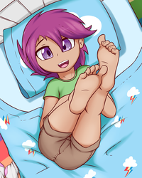 Size: 2000x2500 | Tagged: safe, artist:fearingfun, scootaloo, human, g4, barefoot, clothes, cutie mark, feet, female, fetish, foot fetish, foot focus, high res, humanized, looking at you, on back, shorts, smiling, solo, young