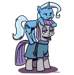 Size: 500x504 | Tagged: safe, artist:foudubulbe, maud pie, trixie, earth pony, pony, unicorn, comic:damp rocks, g4, :3, >:3, clothes, duo, ear bite, female, lesbian, lidded eyes, mare, ship:mauxie, shipping, simple background, smiling, white background