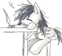 Size: 474x428 | Tagged: dead source, safe, artist:re_ghotion, derpibooru exclusive, oc, oc only, pegasus, pony, desk, eyes closed, female, mare, paper, quill, simple background, solo, tired, white background