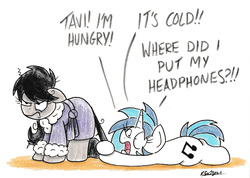 Size: 2192x1558 | Tagged: safe, artist:bobthedalek, dj pon-3, octavia melody, vinyl scratch, earth pony, pony, unicorn, g4, annoyed, bathrobe, clothes, dialogue, duo, female, floppy ears, frown, mare, messy mane, octavia is not amused, prone, robe, simple background, tail pull, unamused, whining, white background, yelling