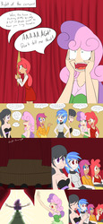 Size: 2400x5200 | Tagged: safe, artist:jake heritagu, apple bloom, dj pon-3, octavia melody, scootaloo, sweetie belle, vinyl scratch, human, ask human octavia, comic:ask motherly scootaloo, g4, blushing, breasts, clapping, cleavage, clothes, comic, concert, dress, hairpin, humanized, motherly scootaloo, singing, strapless, strapless dress