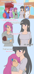 Size: 1280x2763 | Tagged: safe, artist:jonfawkes, apple bloom, dj pon-3, octavia melody, scootaloo, sweetie belle, vinyl scratch, oc, oc:lightning blitz, human, ask human octavia, comic:ask motherly scootaloo, g4, baby, clothes, comic, dialogue, female, hairpin, holding, hug, humanized, humanized oc, male, mother and son, motherly scootaloo, offspring, older, older apple bloom, older scootaloo, older sweetie belle, parent:rain catcher, parent:scootaloo, parents:catcherloo, speech bubble, sweater, sweatshirt