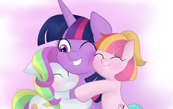 Size: 950x600 | Tagged: safe, artist:lion-grey, coconut cream, toola roola, twilight sparkle, alicorn, earth pony, pony, fame and misfortune, g4, blushing, cute, hug, roolabetes, rubbing, smiling, snuggling, squishy cheeks, twilight sparkle (alicorn)