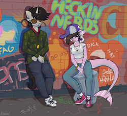 Size: 2206x2003 | Tagged: safe, artist:marsminer, oc, oc only, oc:ashee, oc:keith, anthro, plantigrade anthro, baseball cap, belly button, bow, cap, colored pupils, female, gangsta, graffiti, hair bow, hat, high res, male, midriff, sunglasses, thug