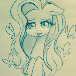 Size: 894x894 | Tagged: safe, artist:cherubisous, fluttershy, butterfly, pegasus, pony, g4, female, monochrome, smiling, solo, traditional art
