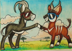 Size: 900x641 | Tagged: safe, artist:peachykeenponies, oc, oc only, oc:bakari, oc:sabe, antelope, giant sable antelope, animal in mlp form, bongo antelope, sunglasses