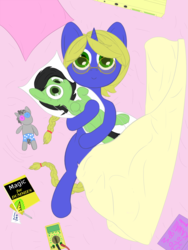 Size: 1200x1600 | Tagged: safe, artist:derpian, smarty pants, oc, oc:filly anon, pony, unicorn, g4, bed, bedsheets, body pillow, book, braid, commodore 64, digital multimeter, female, filly, glasses, looking at you, lying down, lying on bed, nerd, on back, pillow, screwdriver