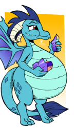Size: 1400x2405 | Tagged: safe, artist:duragan, princess ember, dragon, triple threat, adorafatty, belly, bloated, crystal, cute, dragoness, dragonlard ember, eating, emberbetes, fat, female, gem, gradient background, not pregnant, solo, spread wings, standing, stuffed, stuffing, weight gain, wings