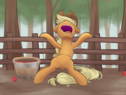 Size: 1024x768 | Tagged: safe, artist:vanillaghosties, applejack, earth pony, pony, g4, apple, atg 2017, drool, female, fence, food, mare, newbie artist training grounds, open mouth, sleeping, solo, sweet apple acres, tired, tree, zzz