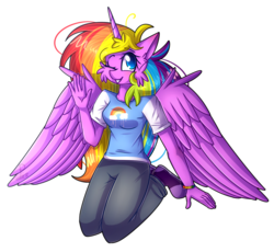 Size: 968x889 | Tagged: safe, artist:soundwavepie, oc, oc only, oc:rainbow cloud, alicorn, anthro, alicorn oc, clothes, cute, female, one eye closed, pants, simple background, solo, transparent background, wink