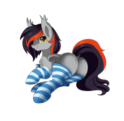 Size: 2459x2406 | Tagged: safe, artist:pridark, oc, oc only, oc:toshiro, bat pony, pony, bat pony oc, blank flank, butt, clothes, commission, high res, looking at you, looking back, male, plot, simple background, smiling, socks, solo, stockings, striped socks, thigh highs, transparent background