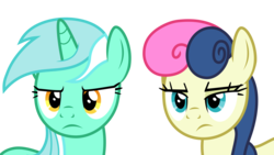 Size: 6507x3660 | Tagged: dead source, safe, artist:pink1ejack, bon bon, lyra heartstrings, sweetie drops, earth pony, pony, unicorn, g4, my little pony: friendship is magic, triple threat, bon bon is not amused, bust, duo, female, lyra is not amused, mare, simple background, transparent background, unamused, vector