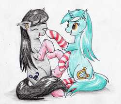 Size: 2279x1958 | Tagged: safe, artist:40kponyguy, derpibooru exclusive, lyra heartstrings, octavia melody, earth pony, pony, unicorn, g4, boop, clothes, cute, ear fluff, eyes closed, laughing, simple background, socks, striped socks, traditional art, white background