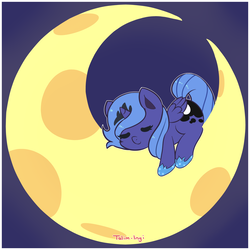 Size: 1000x1000 | Tagged: safe, artist:talimingi, princess luna, alicorn, pony, g4, chibi, crescent moon, cute, female, filly, lunabetes, moon, signature, sleeping, sleeping on moon, solo, tangible heavenly object, woona, younger