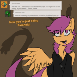 Size: 750x750 | Tagged: safe, artist:conmanwolf, scootaloo, pegasus, pony, ask factory scootaloo, fanfic:rainbow factory, g4, clothes, comic, factory scootaloo, shadow, static