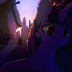 Size: 1024x1024 | Tagged: safe, artist:lunarmarshmallow, twilight sparkle, pony, g4, female, ponyville, solo, sunrise