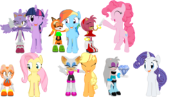 Size: 5760x3240 | Tagged: safe, artist:waleedtariqmmd, applejack, fluttershy, pinkie pie, rainbow dash, rarity, twilight sparkle, oc, oc:venus, alicorn, pony, g4, 3d, amy rose, blaze the cat, cream the rabbit, crossover, mane six, marine the raccoon, mmd, non-mlp oc, rouge the bat, sonic the hedgehog (series), twilight sparkle (alicorn)