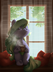 Size: 2000x2720 | Tagged: safe, artist:aphphphphp, oc, oc only, changeling, changeling oc, eyes closed, high res, morning ponies, mug, sitting, window