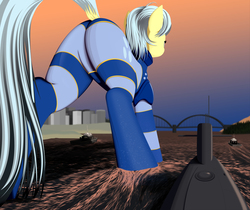 Size: 5000x4200 | Tagged: safe, artist:styroponyworks, oc, oc only, oc:ultramare, earth pony, pony, absurd resolution, boat, bridge, butt, city, clothes, dock, female, giant pony, macro, mare, plot, rear view, solo, submarine, ultrabutt, water