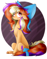 Size: 831x1050 | Tagged: safe, artist:darainbowpie, oc, oc only, oc:pleasant plume, earth pony, pony, :t, abstract background, art trade, blushing, bow, ear fluff, female, hair bow, heart eyes, looking at you, mare, sitting, tail bow, wingding eyes