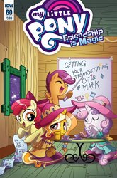 Size: 791x1200 | Tagged: safe, artist:agnes garbowska, idw, apple bloom, gilded lily, scootaloo, sweetie belle, earth pony, pony, g4, spoiler:comic, spoiler:comic60, clubhouse, cover, crusaders clubhouse, cup, cutie mark crusaders, pillow, tea party, teacup, teapot, whiteboard