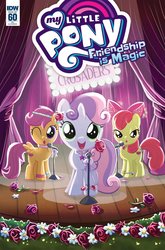 Size: 791x1200 | Tagged: safe, artist:valentina pinto, idw, apple bloom, scootaloo, sweetie belle, friendship is magic #60, g4, spoiler:comic, cover, cutie mark crusaders, flower, hoofband, microphone, rose, singing, spotlight, stage