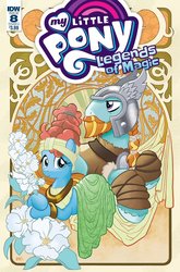 Size: 791x1200 | Tagged: safe, artist:tonyfleecs, idw, official comic, meadowbrook, rockhoof, earth pony, pony, g4, legends of magic, spoiler:comic, spoiler:comiclom8, beard, cover, duo, facial hair, female, flower, helmet, male, mare, moustache, stallion