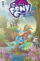 Size: 791x1200 | Tagged: safe, artist:brendahickey, idw, meadowbrook, rockhoof, bird, earth pony, frog, pony, rabbit, raccoon, squirrel, turtle, g4, legends of magic #8, my little pony: legends of magic, spoiler:comic, animal, cover, female, flower, healer's mask, male, mare, mask, meadowcute, pond, stallion, tree