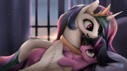 Size: 1557x876 | Tagged: dead source, safe, artist:noctilucent-arts, princess celestia, twilight sparkle, alicorn, pony, g4, bed, bedroom, duo, female, hug, lesbian, mare, morning ponies, open mouth, ship:twilestia, shipping, sunrise, twilight sparkle (alicorn), wing blanket, winghug