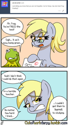 Size: 640x1169 | Tagged: safe, artist:outofworkderpy, derpy hooves, frog, pegasus, pony, g4, comic, duo, female, funny, glasses, kermit the frog, mare, outofworkderpy, pun, teaching, tumblr, tumblr comic