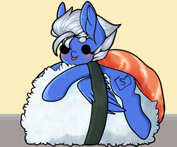 Size: 3000x2500 | Tagged: safe, artist:php172, oc, oc only, oc:scrib, pegasus, pony, blushing, food, high res, male, ponies in food, ponies in sushi, stallion, sushi, tongue out