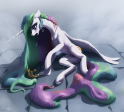 Size: 5000x4500 | Tagged: safe, artist:nadnerbd, princess celestia, alicorn, pony, absurd resolution, belly, celestia's crown, colored, concave belly, crown, crying, female, hair physics, hooves, jewelry, lighting, long mane, long tail, lying down, mane physics, mare, missing accessory, on side, open mouth, regalia, sad, shading, simple background, slim, solo, spread wings, sternocleidomastoid, tail, thin, wings