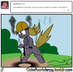 Size: 640x628 | Tagged: safe, artist:outofworkderpy, derpy hooves, pegasus, pony, g4, comic, demolition, detonator, explosion, explosion aftermath, female, funny, mare, old joke is old, outofworkderpy, safety hat, tumblr, tumblr comic