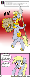 Size: 640x1638 | Tagged: safe, artist:outofworkderpy, derpy hooves, pegasus, pony, g4, armor, comic, female, guardsmare, mare, outofworkderpy, royal guard, shield, solo, spear, tail wrap, tumblr, tumblr comic, weapon