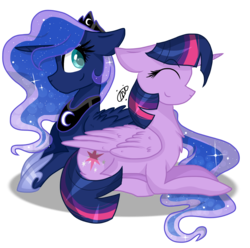 Size: 1650x1634 | Tagged: safe, artist:gallantserver, princess luna, twilight sparkle, alicorn, pony, g4, eyes closed, female, floppy ears, lesbian, ship:twiluna, shipping, simple background, smiling, transparent background, twilight sparkle (alicorn)