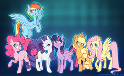 Size: 1500x917 | Tagged: safe, artist:egophiliac, applejack, fluttershy, pinkie pie, rainbow dash, rarity, twilight sparkle, alicorn, earth pony, pegasus, pony, unicorn, g4, abstract background, colored pupils, female, freckles, mane six, mare, smiling, twilight sparkle (alicorn)