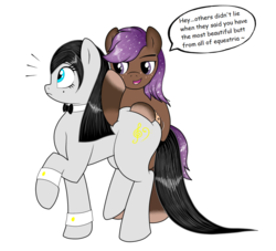 Size: 1100x1000 | Tagged: safe, artist:thepianistmare, oc, oc only, oc:klavinova, oc:smoky glitter, earth pony, pony, butt grab, butt touch, commission, dialogue, female, flirting, grope, hoof on butt, male, mare, molestation, non-consensual butt fondling, personal space invasion, raised hoof, simple background, surprised, white background